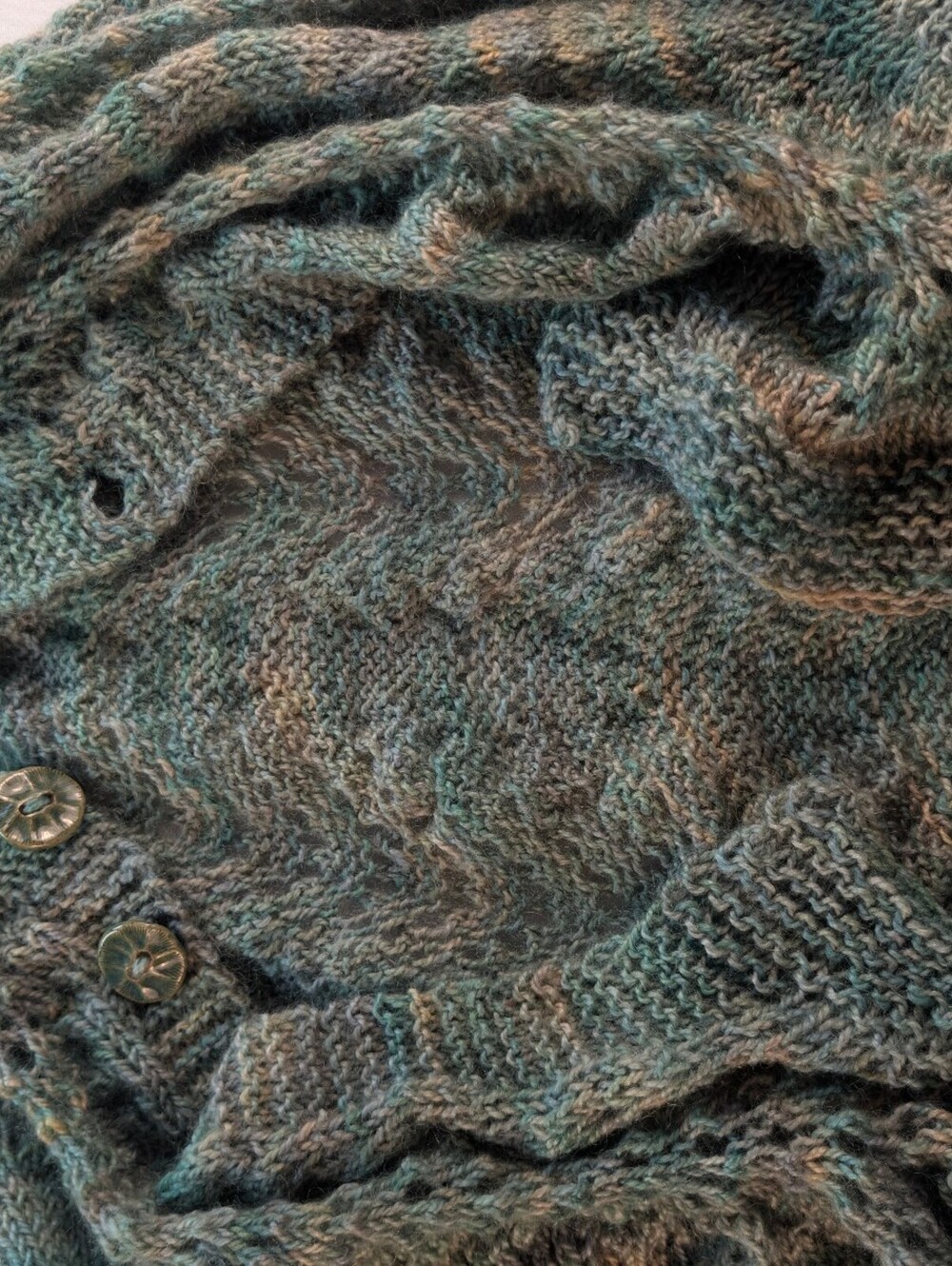 Hand Crafted OOAK Green and Beige Wool Blend Cape Cardigan with Buttons - Picture 5 of 7